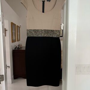 Chic Black and Tan Midi Dress with Beaded Waist